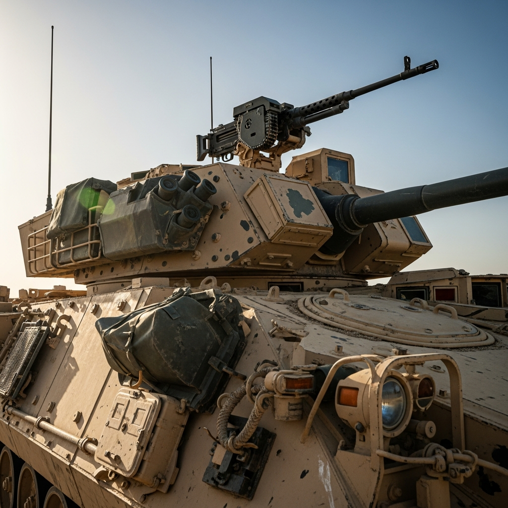 Close-up view of an LAV-25 turret with M242 Bushmaster 25mm chain gun in desert camouflage