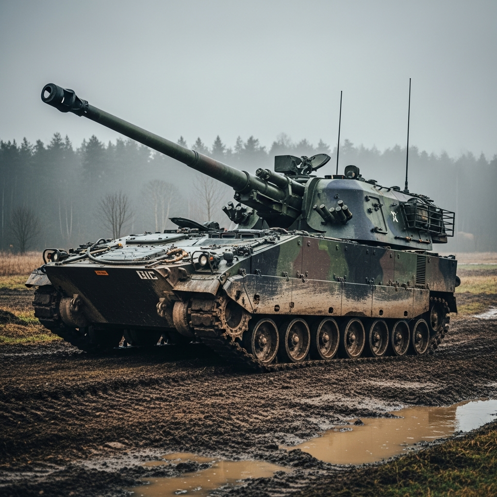 Self-propelled artillery vehicle on muddy terrain showing the tracked armored platform used by modern howitzer systems
