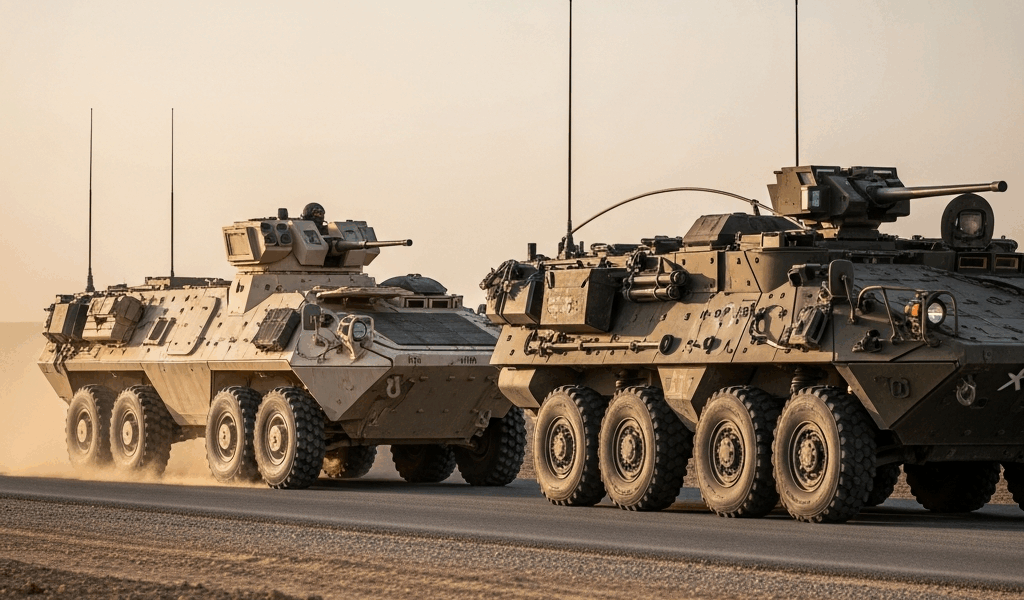 two eight wheeled military armored vehicles side by side on 20260326 071753